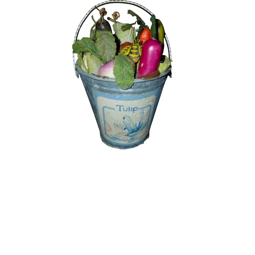 Hosley Mini Nostalgia Assortment Galvanized Tulip Bucket Faux Vegetables Bee